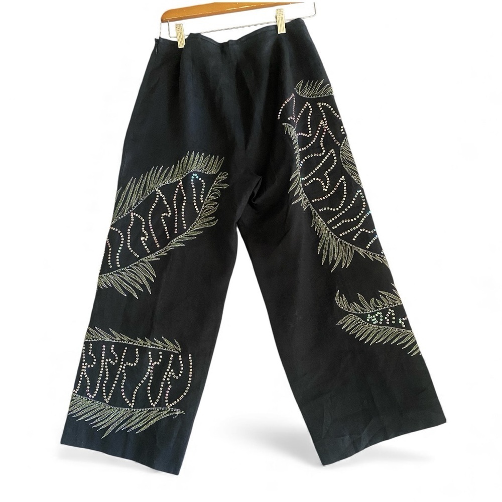 Nikki Valentine Irish Linen Black Sequin Embroidered Wide-Leg Crop Pants Size 10